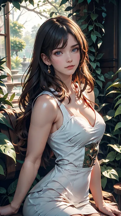 short hair, mmmm, (Sharp focus:1.2), photograph, Attractive Young Woman, (Beautiful Face:1.1), Detailed eyes, Seductive lips, (Bold red lip color:0.85), (Medium chest:1.0), (The body is slim:1.2), (Long Hair:1.2), wear (1980s Peplum Dress:1.2) in (botanica...