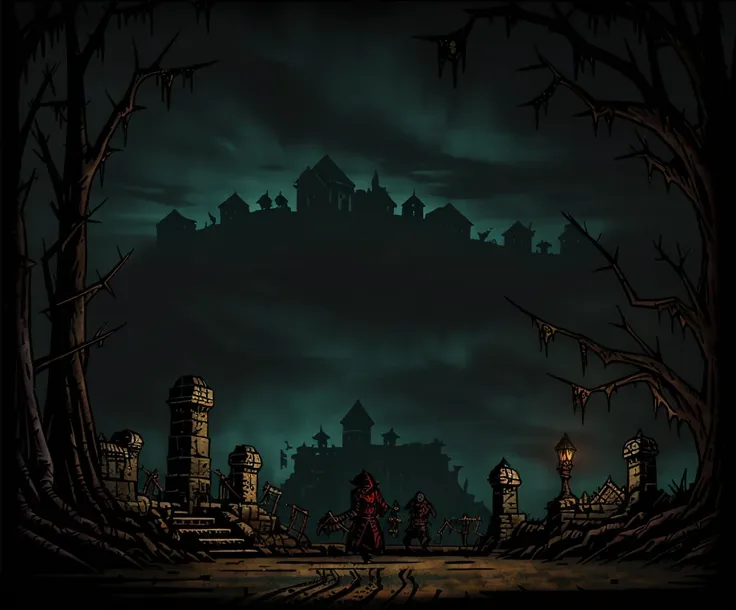 (((darkest dungeon style))), ((darkest dungeon background)), grand wasteland, lots of dark gray sand, gray thorn trees, view fro...