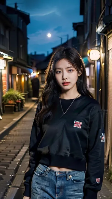 One 12 year old girl, Japanese, medium hair, straight face, delinquent look, poor clothes - old stadium jumper and worn jeans, standing in dark alley, image of prostitute, old European town, street light illuminates girls face in darkness, night sky, shoot...