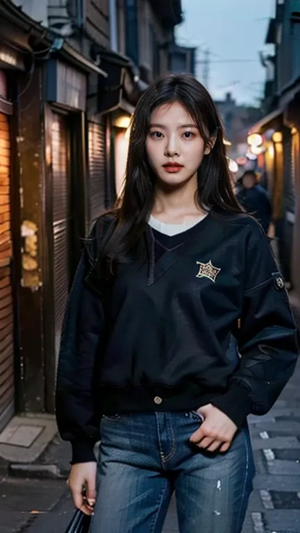 One 12 year old girl, Japanese, medium hair, straight face, delinquent look, poor clothes - old stadium jumper and worn jeans, standing in dark alley, image of prostitute, old European town, street light illuminates girls face in darkness, night sky, shoot...