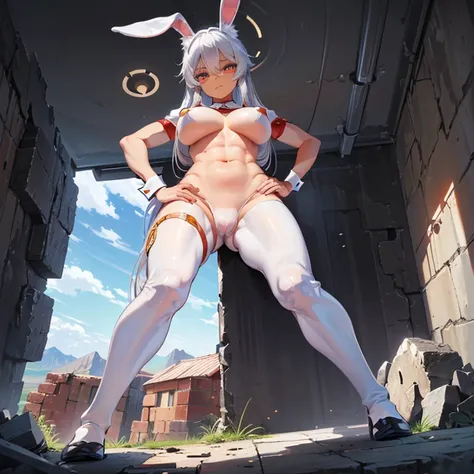 (8k, Realistic, RAW Photos, Highest quality, (from below:2), View your viewers: 1.3), (Fox Girl, Fox Ears, Silver Hair, One Girl, Long Hair, (Alone on the screen, dark skin), High definition:1.6), ((White and red clothes, Reverse Bunny Suit):1.8), (Body me...