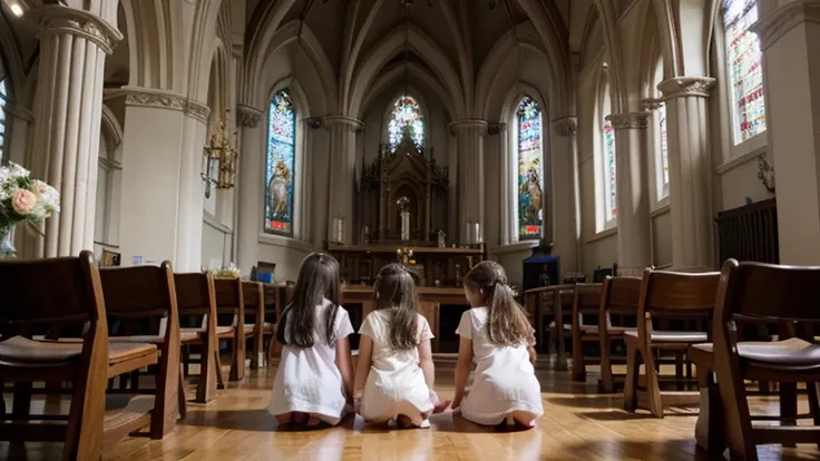 Children are praying in a church