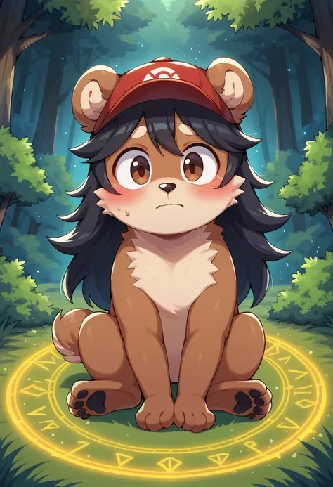 masterpiece, best quality, expressive eyes, perfect face, a man get transformed into female bear, cute, red baseball cap, solo, surpriced, blushed, naked, nsfw, ecchi, long hair, black hair, brown eyes, full body, in a magic forest, glitter, embarrassed po...