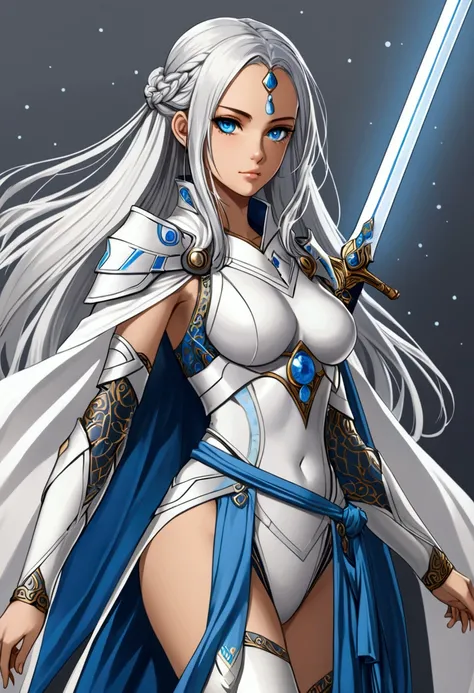 Design an elegant and composed warrior from a futuristic fantasy world. She has long silver hair tied with delicate blue ribbons, and her attire blends traditional Eastern elements with advanced technology. Her outfit includes intricate armor pieces, a flo...