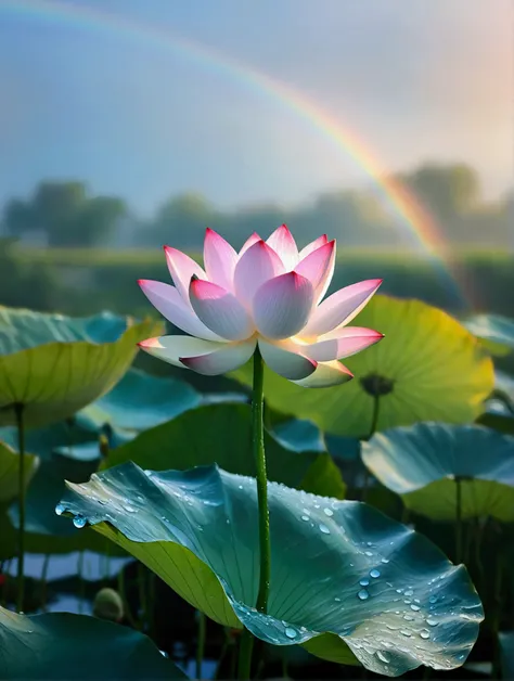 There are a lot of dew and water droplets on the light white lotus，A rainbow appears in the distant background sky，Real photography,Fresh and natural picture，best quality, high resolution