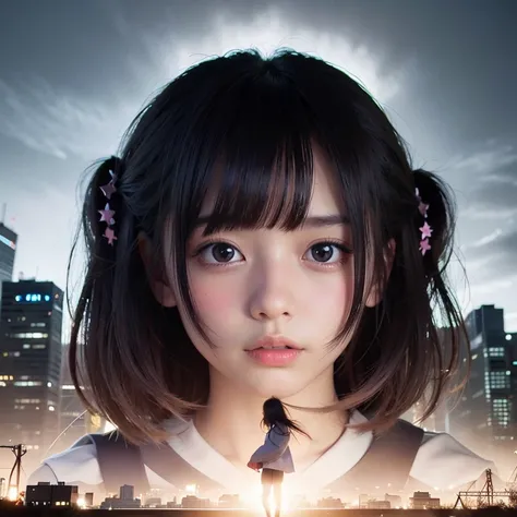 6 schoolgirls，Sailor suit，Very short uniform skirt with bangs，long hair，Short Bob，Dystopian worldview，A world of only women after the extinction of men，The large buildings of central Tokyo collapsed in the background，Pitch black sky，Cloudy，Ominous atmosphe...