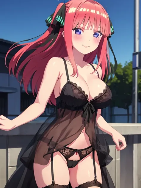 best quality, insanely detailed, nino nakano, breasts, blush, outdoor background, bare-shoulder, looking at viewer, garter strap, a black ribbon, stockings, pussy, smile, lingerie garterbelt