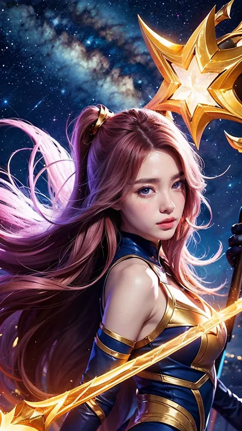 Design a scene featuring Lux from League of Legends in her Star Guardian skin, with a celestial theme, wielding her magical staff, and protecting her team against a starry night backdrop