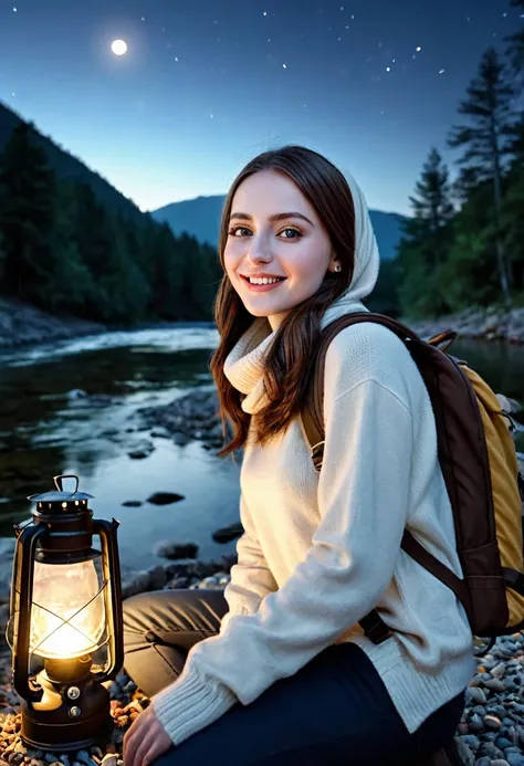 Masterpiece ,ultra Realistic,high resolution , a turkish girl hjab,cute face,white skin,pale skin,fair skin,perfect eyes,ultra delicate face, ((upper body selfie, happy)), best quality, ultra-detailed, ground, outdoor, (at night), mountains, nature, (stars...