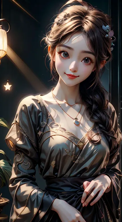 Great quality, masterpiece, High Resolutiupon, One girl, blush, (Captivating smile: 0.8), Star Eyes, chinese hanfu, hair accessory, necklace, jewelry, beauty, upon_body, Tyndall effect, realism, Shadow Room, Light Edge, Two-tupone Lighting, (Skin with atte...