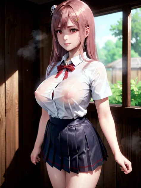 (masterpiece, best quality:1.2), in the Sauna full of Steam , honoka dead or alive , skull hair ornament , wet clothes, soaked, wet hair, wet skin, translucent, glistening with oil , dishevelled , solo, 1girl, school girl uniform , steam , plaid skirt , pl...