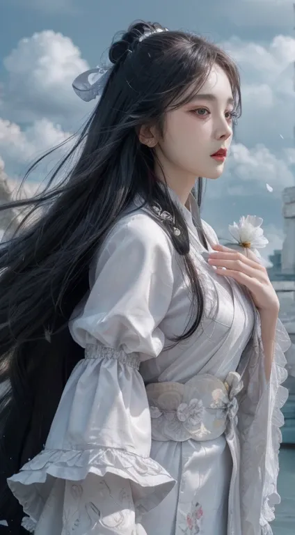 (Highest quality,4K,High resolution,masterpiece:1.2),Very detailed,Realistic, Black and white Hanfu,Black embroidery, Flowing white ponytail, long flowing hair, White Mask, Masks flutter in the wind, Fringe hair ornament, Peony flower, Ancient style, Wide ...