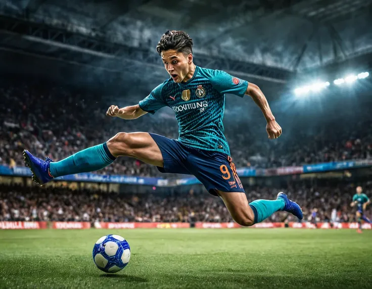 realistic sports photography, 1 soccer player, dynamic action pose, powerful kick, mid air, motion blur, dramatic lighting, cine...