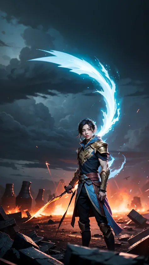 Illustrate Shen from League of Legends using his Spirits Refuge ability, summoning a protective barrier while standing calmly amid a storm of incoming attacks