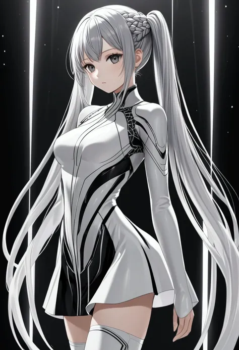 A girl with long silver hair designed into intricate braids and twintail, grey eyes, slender and athletic built, average height,black and white futuristic dress, white thigh highs, 8k highres best quality. 