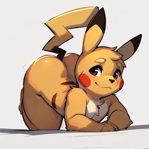 (eroborus, cute Pikachu_(pokemon): 1.2) by seth-iova, male, gay, Bubble ass, solo, hard Shadow, presenting ass, Tail on ass, white background , tiny Pikachu 