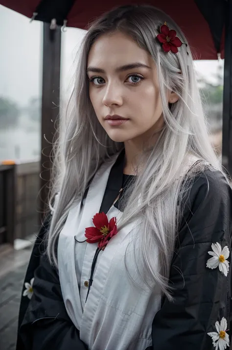 1 girl,standing alone,1 girl,standing alone,((beautiful detailed eyes)), (detailed light),Depth of field,(White hair),silver eyes,hair over one eye,(FLOWER RED ), hair flower,long hair,black robe,humida,Emotionless,looking back,natta,looks stellar,raining,...