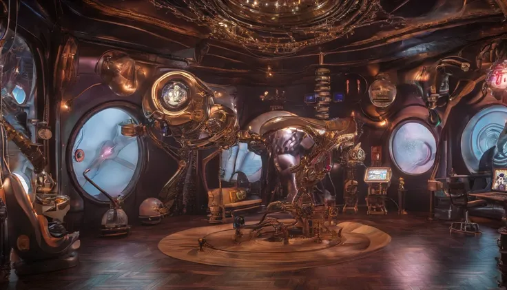 Jacaranda: kaleidoscopic: lights. A luxurious (((steampunk-inspired))) 31st century alien playroom.The house is powered by intricate machines inspired by Ridley Scott. A female alien humanoid is playing  a game with her 3 year old son on the floor.