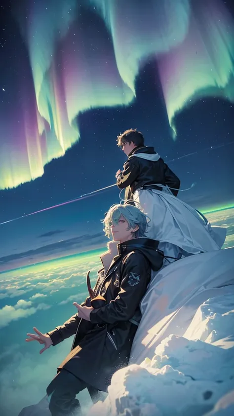 Above a majestic sea of clouds, the night sky is illuminated by the aurora and the moon. A man and a woman float in the sky.