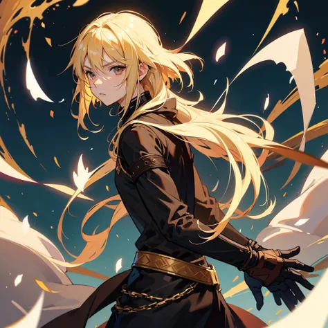 A blonde warrior resembling Kirito with brown eyes., gives off a white aura