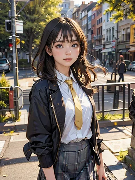 One girl, Intricate details, masterpiece, Highest quality, Very detailed,Cinema Lighting, Beautiful sparkle, Beautifully detailed face and eyes, 8k, Dark intense shadows, Yellow Eyes, Medium Hair, Black Hair, bangs, Floating Hair, Black jacket, Open jacket...