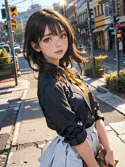 One girl, Intricate details, masterpiece, Highest quality, Very detailed,Cinema Lighting, Beautiful sparkle, Beautifully detailed face and eyes, 8k, Dark intense shadows, Yellow Eyes, Medium Hair, Black Hair, bangs, Floating Hair, Black jacket, Open jacket...