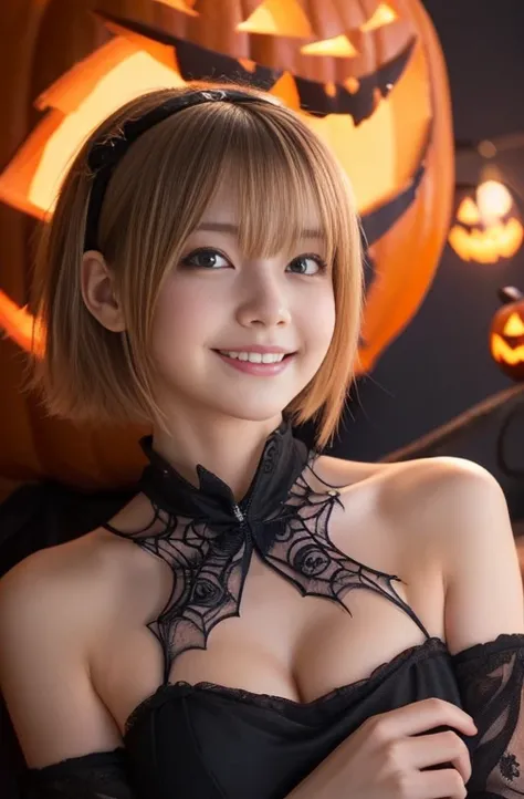 ((from below,upper body),a 25 year old girl, detailed cutie face, beautiful detailed eyes, detailed dropped eyes, beautiful charming smile, extremely detailed face,slender,short hair,anime style, halloween party:2.0), Hires.fix,colorful lights, pumpkin dec...