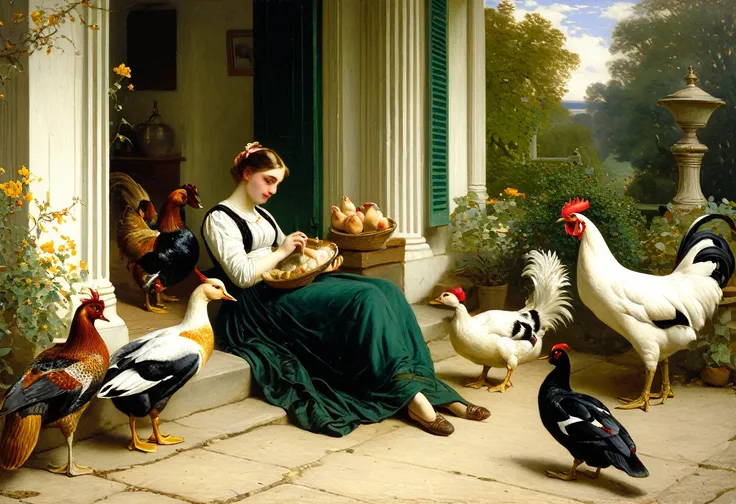 A painting of ducks, geese, hens, and a rooster being fed by a girl lying on a porch next to two doggies by Brighton Riviere, Frederick Goodall, Sophie Anderson, Edwin Deakin, Walter Leighton Clark, Charles Bird King, John Watson Gordon, John Collier, Jose...