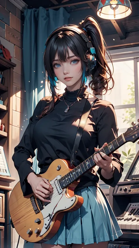 ((masterpiece, highest quality))one girl, alone, black dress, blue eyes, electric guitar, guitar, headphones, double ponytail, h...