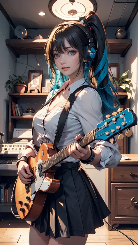 ((masterpiece, highest quality))one girl, alone, black dress, blue eyes, electric guitar, guitar, headphones, double ponytail, h...