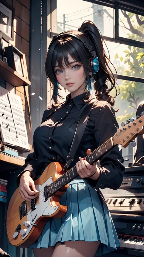 ((masterpiece, highest quality))one girl, alone, black dress, blue eyes, electric guitar, guitar, headphones, double ponytail, h...