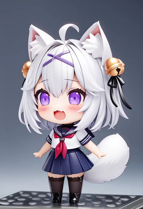 master piece, best quality, ultra-detailed, illustration, 1girl, solo, chibi, (big head), cute pose, Filiansailor, ((purple hairclip)), hair bell white hair, short hair, cat ears, ahoge, purple eyes, blush, laughing, fluffy tail, serafuku, black turtleneck...