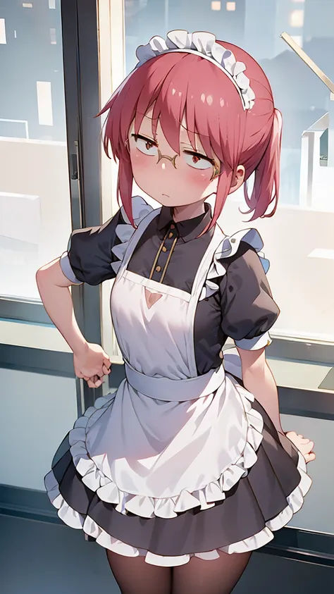 kobayashi, (busto talla muy muy pequeña.)),  (pecho plano:1.2), posando avergonzada, cute maid dress, showing her panties, blush...