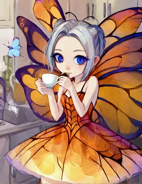 A cute fairy (crystalline butterfly wings, prismatic hair, large eyes, spider silk gown) is in the kitchen, she is taking a sip of coffee from a steaming hot cup, mischief in kitchen
