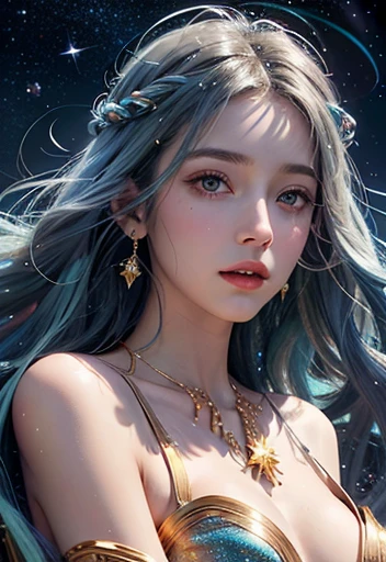 (Galactic Goddess:1.2), (celestial being:1.2), star-filled skin, flowing iridescent hair, ((masterpiece:1.4, best quality)), ((masterpiece, best quality)), (photo realistic:1.4), 1goddess, (divine female figure), ((glowing stars)), swirling nebulae, serene...