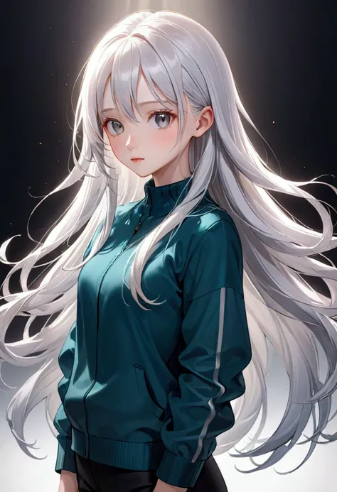 A girl with long smooth white hair,grey eyes,fair skin tone, average height,nodern clothes, detailed eyes, detailed body, 8k highres best quality. 