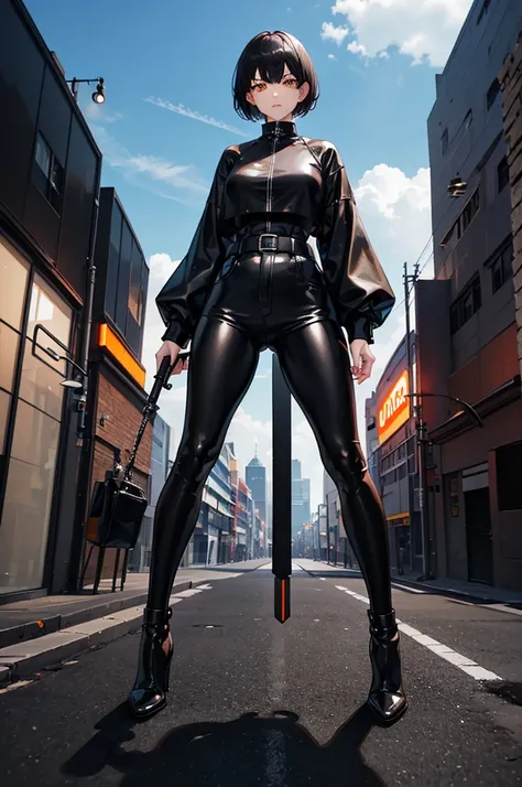 1woman, short hair, black hair, orange eyes, black leather outfit, standing on ground, high res, ultra sharp, 8K, masterpiece