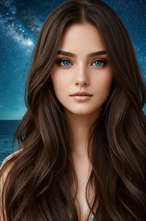 Face of beautiful long-haired woman with beautiful eyes, with sea of stars