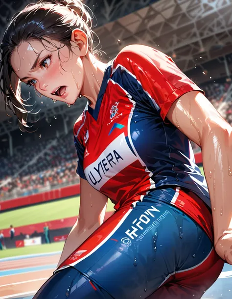 Young beautiful woman,(Highest quality,Extremely detailed depiction,Incredibly absurd high resolution,Anatomically accurate depiction),(Glowing Skin,Shiny skin),(Olympic athletes),(Player uniforms,Sweat,),In competition,SFW:1.5,background:Athletics Stadium