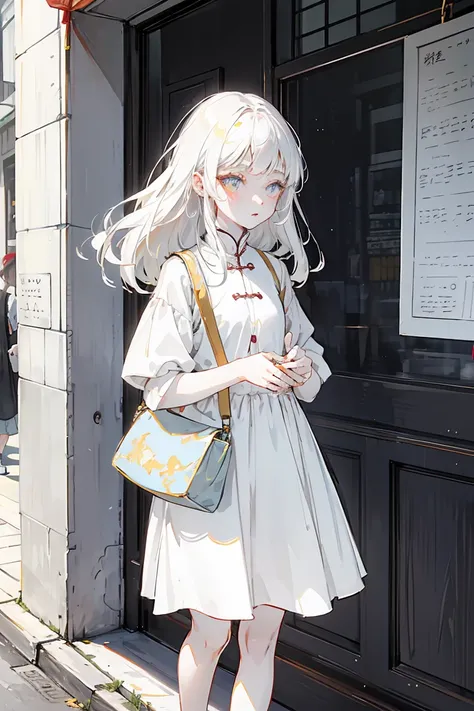 Girl with golden eyes , pale white skin , long white hair , , a somewhat short summer dress , (with a Chinese school bag in his hands , walk on an anime type street )