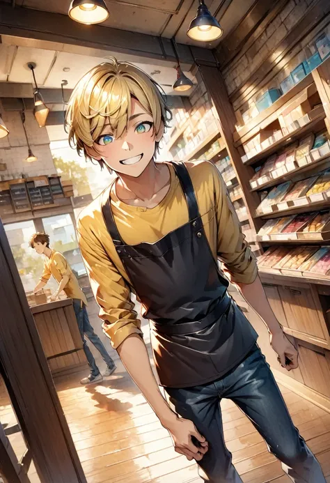 illustration, detailed illustration, ultra detailed, dynamic angle, 18 year old boy, short blonde hair, wide hazel eyes, smile, pretty, conenience store, jeans, yellow shirt, apron