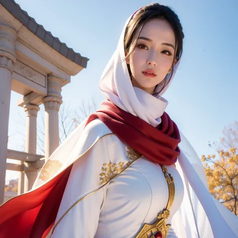 arafed woman in a white and gold dress and a red scarf, beautiful oriental woman, white hijab, wonderful, wearing a luxurious silk cloak, portrait shot, traditional beauty, captured on canon eos r 6, arabian beauty, beautiful arab woman, gorgeous lady, dil...