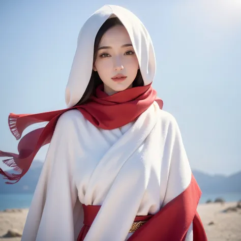 arafed woman in a white and gold dress and a red scarf, beautiful oriental woman, white hijab, wonderful, wearing a luxurious silk cloak, portrait shot, traditional beauty, captured on canon eos r 6, arabian beauty, beautiful arab woman, gorgeous lady, dil...