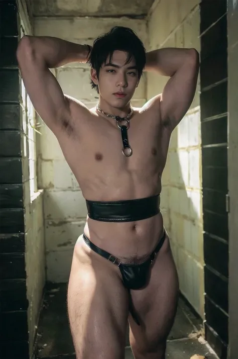 Black hair, Big bulge, very hairy armpits, hairy pubic, hairy crotch, Cute handsome face, In the dirty alley, Zephyr stands bound, WEARING Tiny thong, his wrists encased in supple leather cuffs that accentuate the lines of his forearms. A bondage chest har...