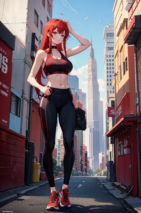 1woman, red hair, red eyes, tall, yoga pants, sports bra, standing on ground, high res, ultra sharp, 8K, masterpiece