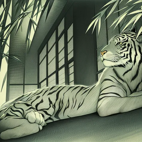 mid century woodcut image, Masterpiece, showing a tiger alone in a bamboo forest, black and white, ink on papper