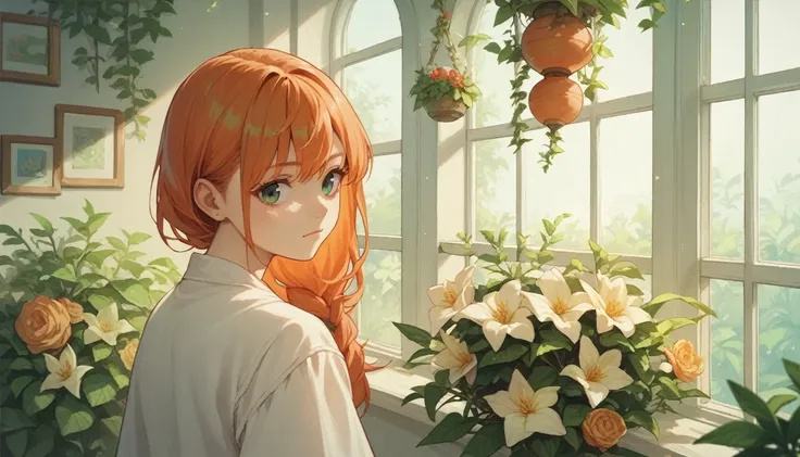 Anime girl, ginger hair with bangs, magical plant outfit design, fully rendered