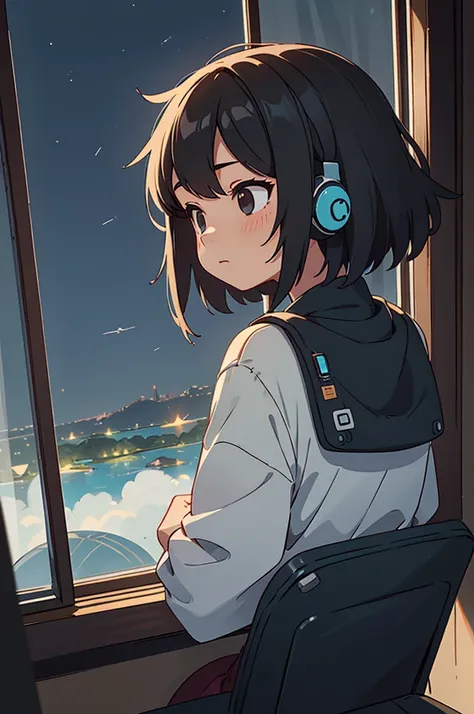 A 25-year-old woman listening to music through headphones, In a quiet and relaxing environment, Short black hair, View from behind, Gazing at the horizon, night、Through the window, nightには大きい七色の音符, Characters with detailed faces, hands and hair, Highly det...