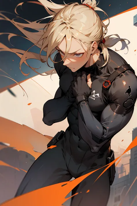 1male, teenager, faded blonde hair, ponytail, man bun, messy hair, crimson eyes, calm expression, black bodysuit, white joggers, white jordans, dark skin, standing on path, hands to side, city background, detailed background, detailed face