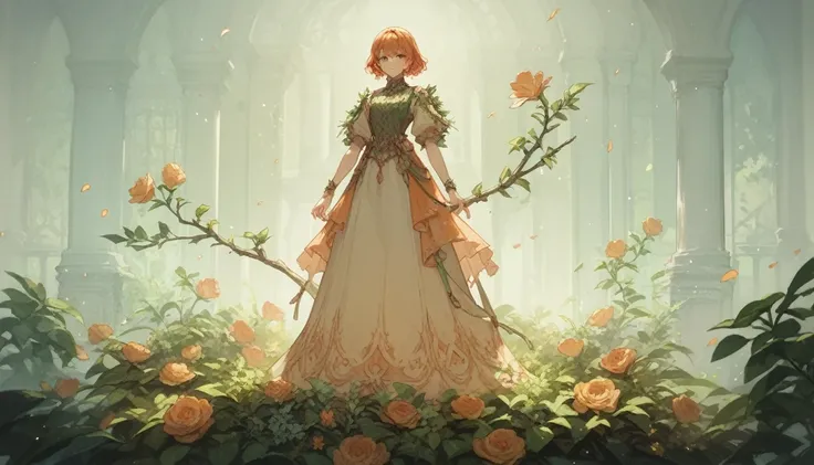 Anime girl, ginger hair with bangs, magical plant outfit design, fully rendered, standing confidently, fullbody, very detailed